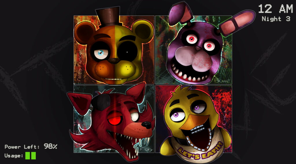 Five Nights at Freddy's Night 3 wallpaper with Freddy Bonnie Foxy Chica digital horror art