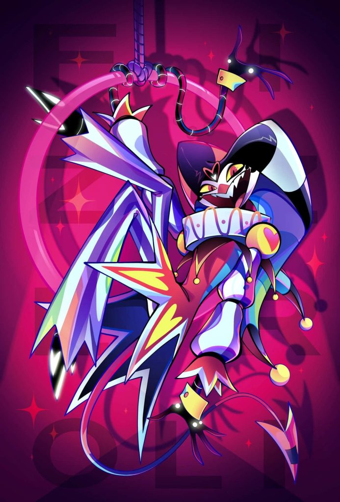 Helluva Boss Fizzarolli demon jester performing on hoop vibrant pink circus wallpaper background