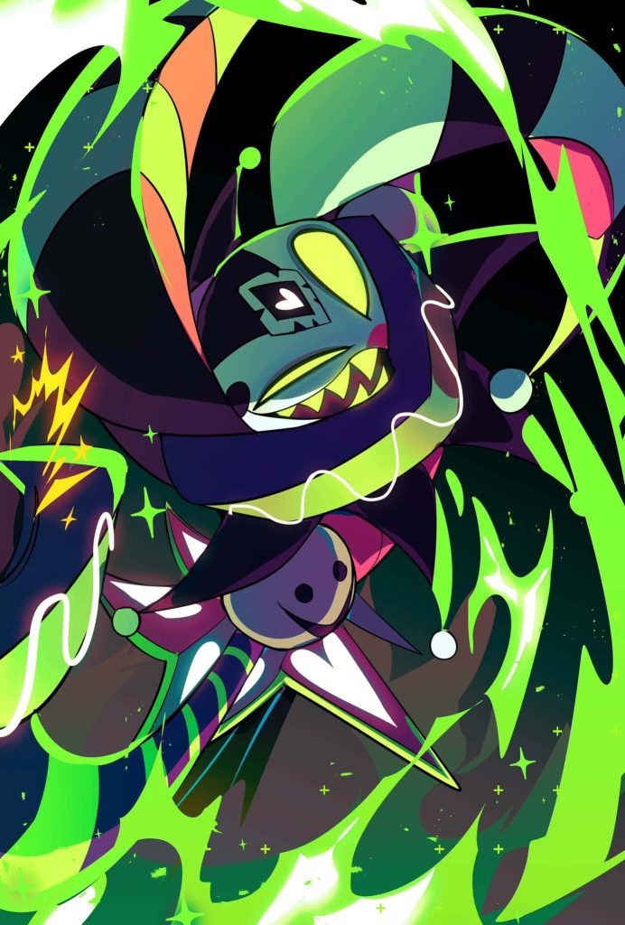 Fizzarolli from Helluva Boss in vibrant jester pose with neon green magical energy sparks wallpaper