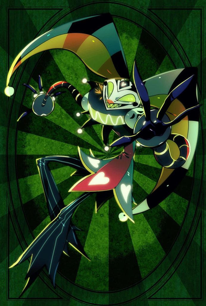Helluva Boss Fizzarolli jester posing theatrically on vibrant green black circus background wallpaper