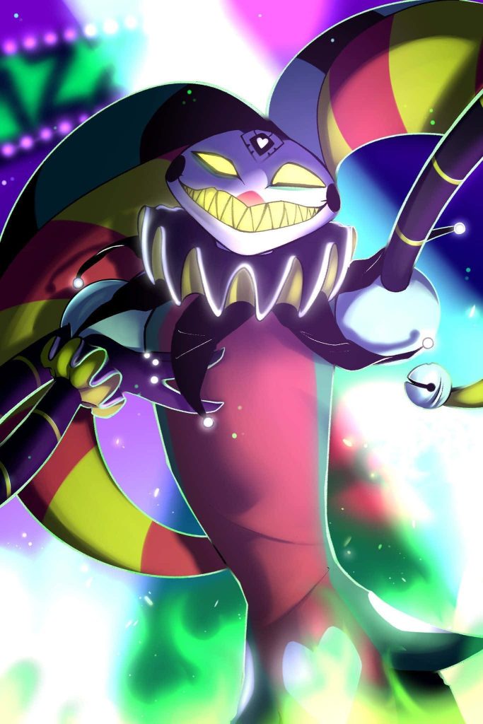 Helluva Boss Fizzarolli vibrant neon jester wallpaper with sinister expressive grin background