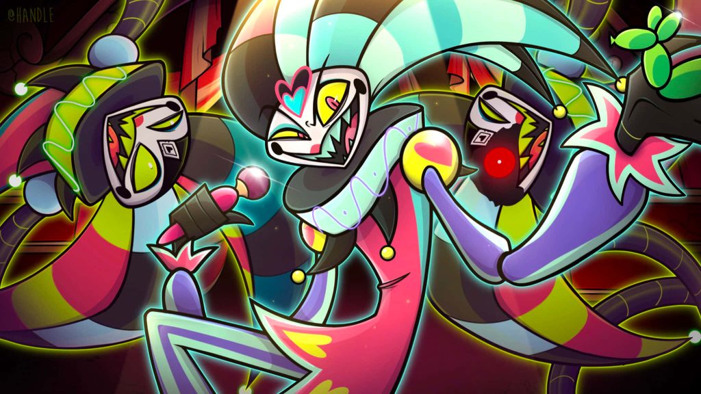 Colorful Fizzarolli Helluva Boss wallpaper with glowing neon jester demon on stage background