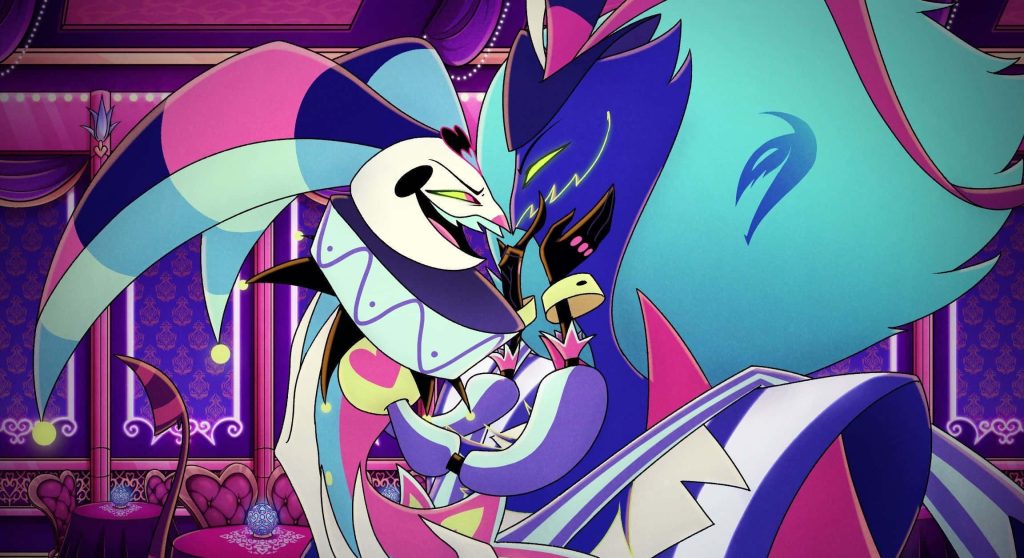 Helluva Boss wallpaper featuring Fizzarolli and Asmodeus in vibrant pink cyan against purple background