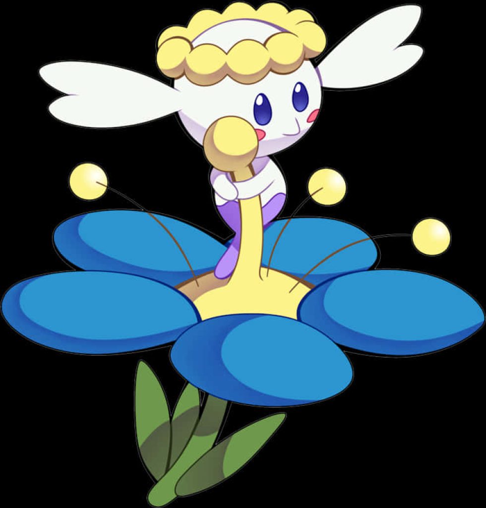Flabébé clutching large blue flower digital art wallpaper Fairy-type Pokémon cute design
