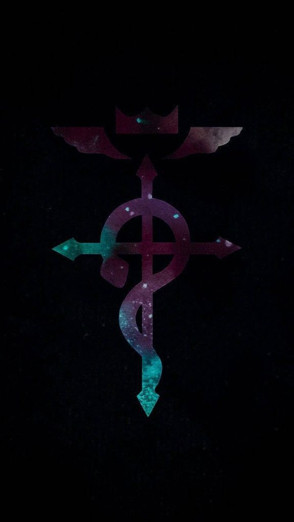 Fullmetal Alchemist Flamel Cross wallpaper with vibrant purple teal galaxy on black background