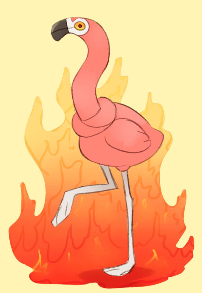 Flamigo Pokémon digital art with bright pink feathers and flames on yellow cartoon wallpaper background