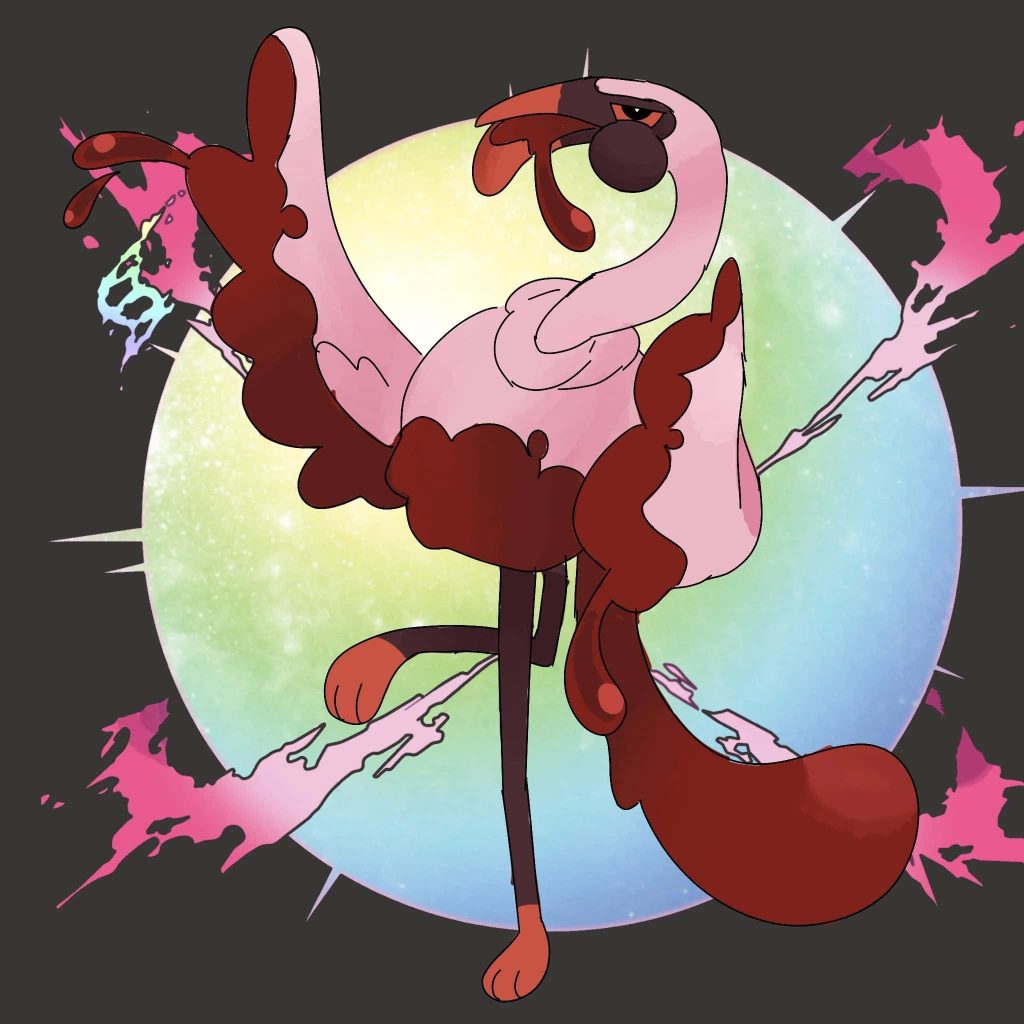 Flamigo Flying Fighting Pokémon with pink plumage and neck knot on pastel circular background Wallpaper