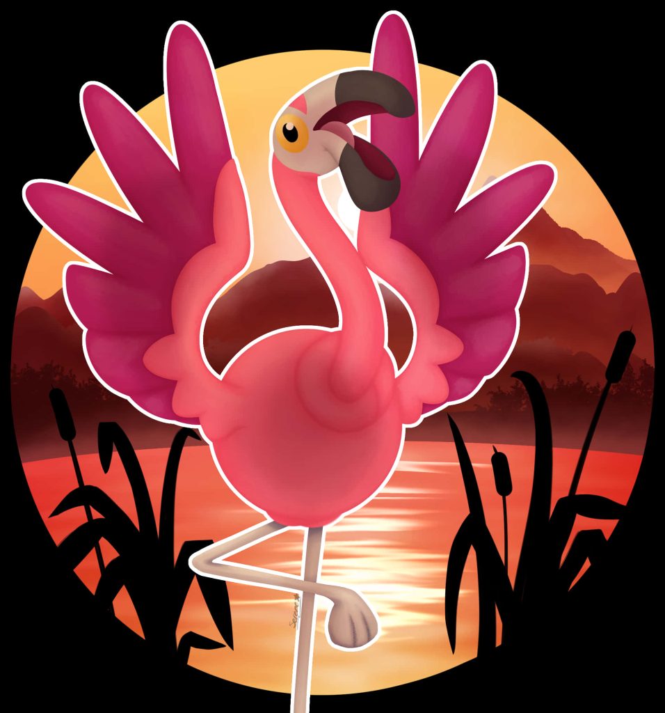 Digital illustration of Pokémon Flamigo with wings spread in sunset marsh wallpaper background