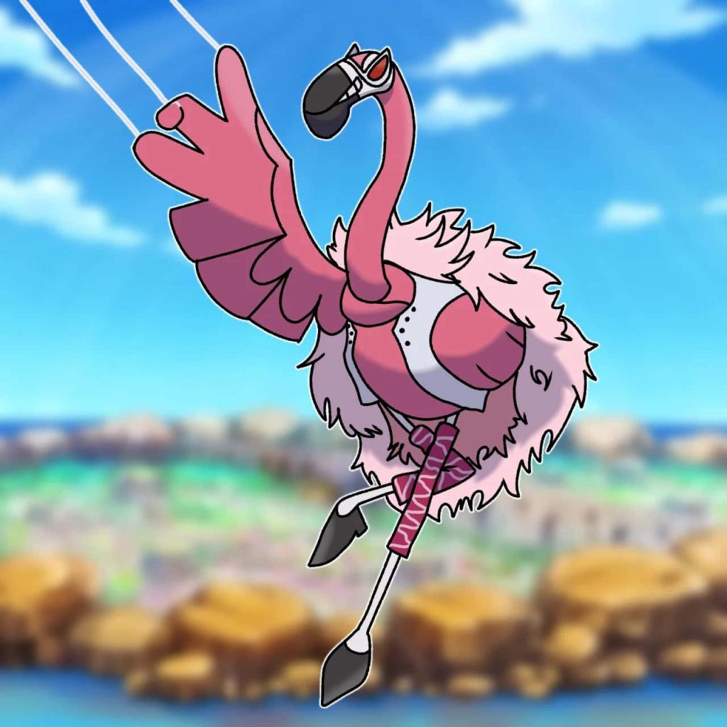 Digital illustration of Pokémon Flamigo with One Piece Doflamingo style sunglasses and pink boa Wallpaper
