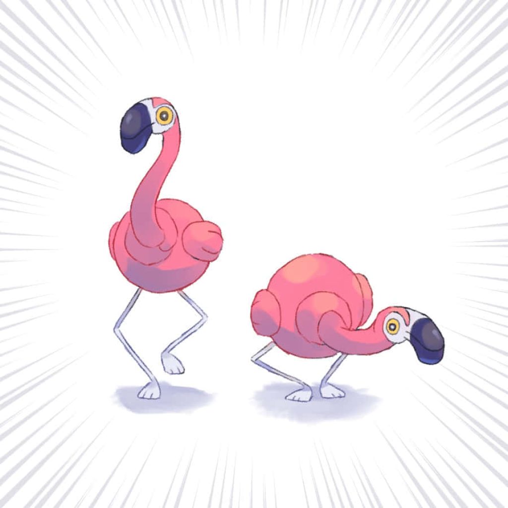 Two Flamigo Pokémon in cartoon style with speed lines on white background wallpaper design