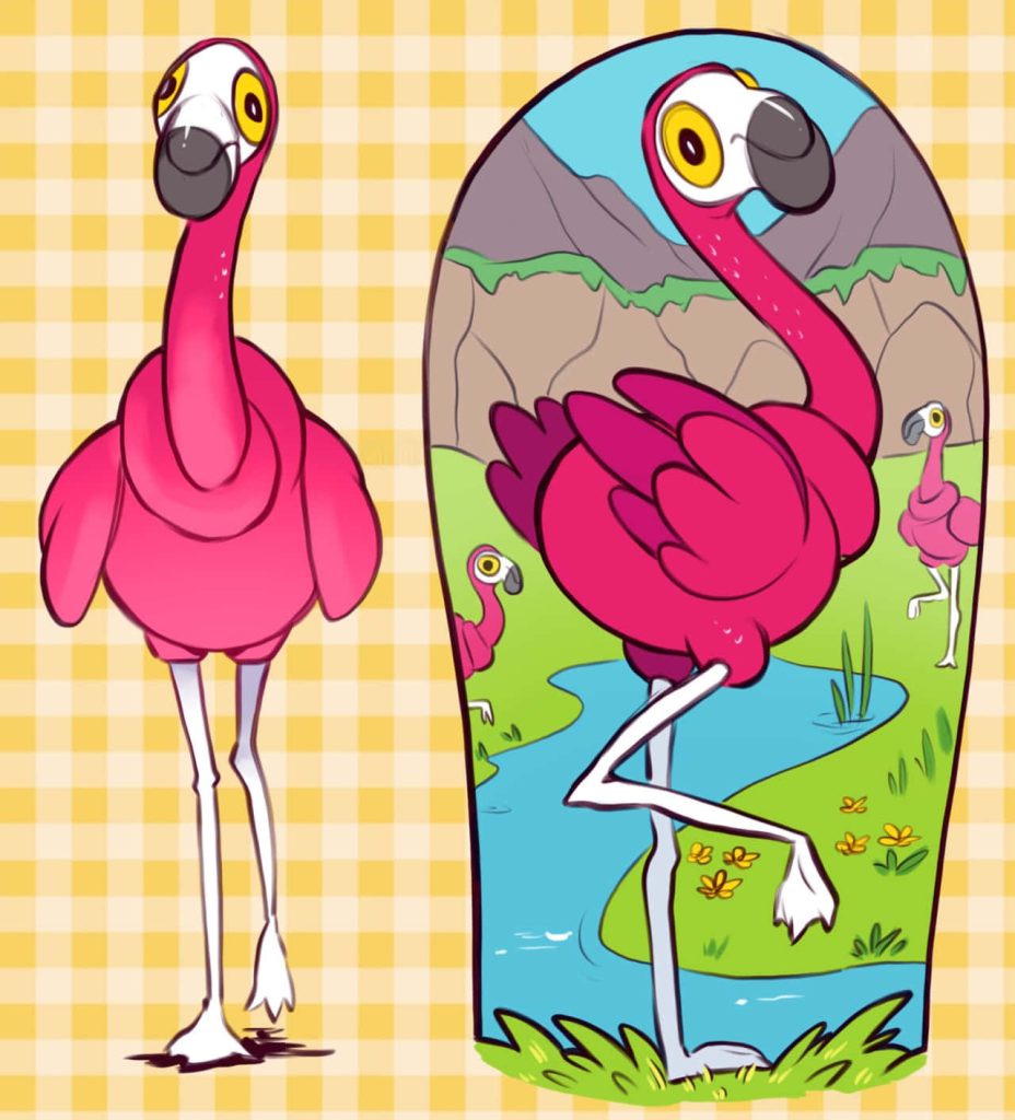 Flamigo Pokémon digital art solo and nature scene with water reflections yellow checkered wallpaper