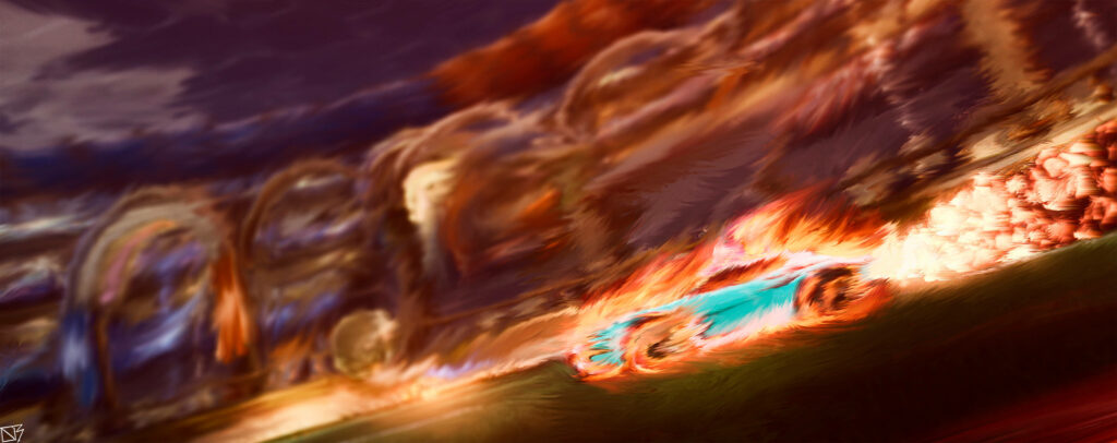 Blazing Rivalry: Exhilarating Flaming Car Competition in 4K Rocket League Spectacle Wallpaper