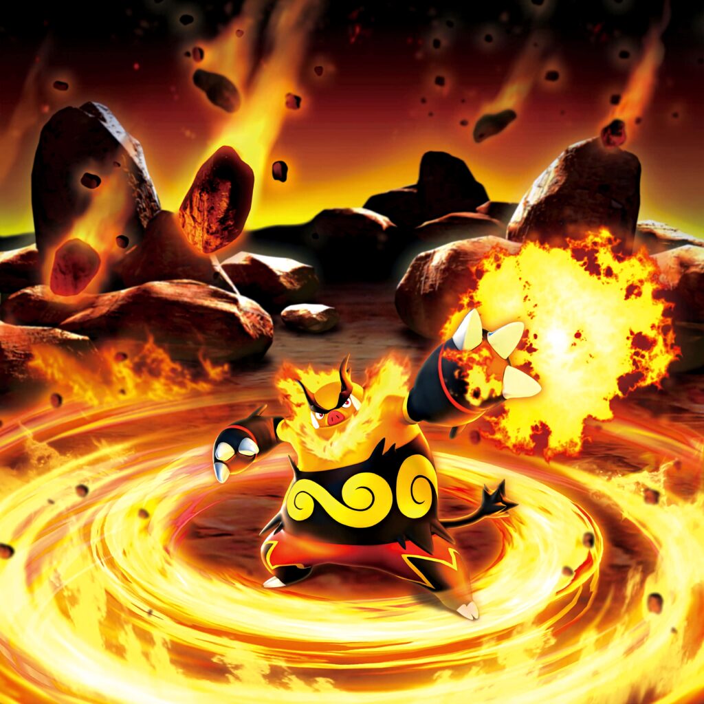 Flaming Emboar in fiery arena with swirling flames and scattered rocks dramatic action scene wallpaper