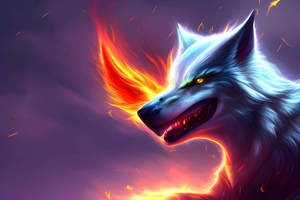 Flaming Fur Wolf Wallpaper: Vivid Art with Dark Mystique