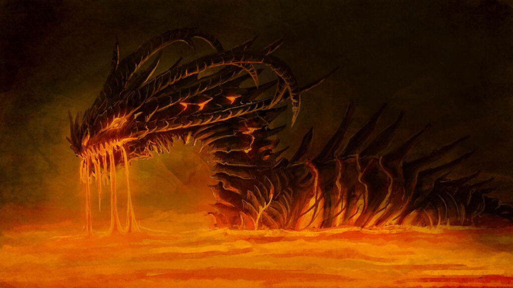 Fiery Beast Emerging from Molten Depths: A Majestic Fire Dragon in Lava Pool Wallpaper
