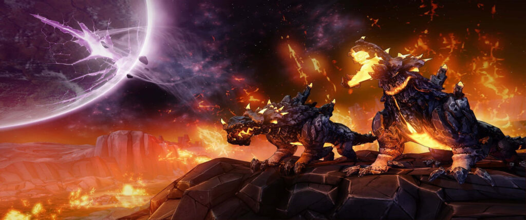 Vibrant Borderlands 3 Wallpaper: Ferocious Creatures, Otherworldly Terrain, and Dramatic Sky captured in a High-Energy Scene