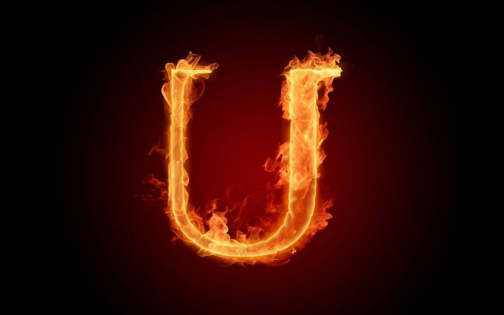 Flaming letter U digital art wallpaper with fiery glow on dark gradient background design