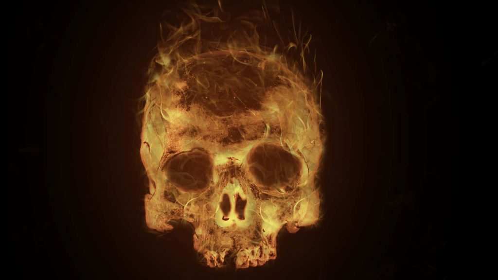 Realistic flaming skull with vibrant orange and yellow fire on black background digital art wallpaper