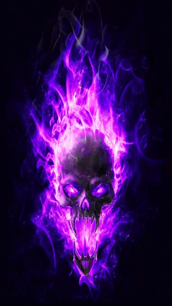 Flaming purple skull with glowing eyes on black background dark fantasy wallpaper background