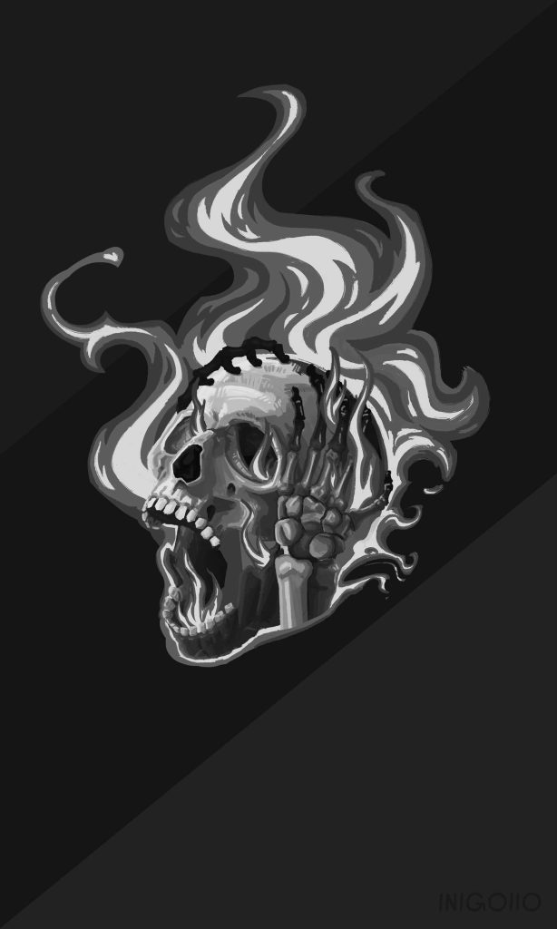 Monochromatic flaming skull with screaming face and skeletal hand dark intense wallpaper