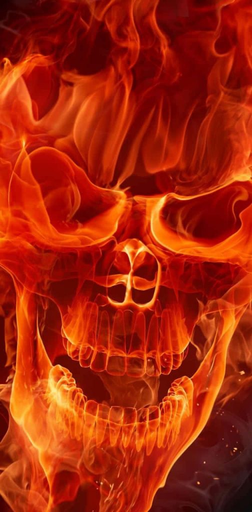 Flaming skull digital art fiery orange red flames dark background intense wallpaper design
