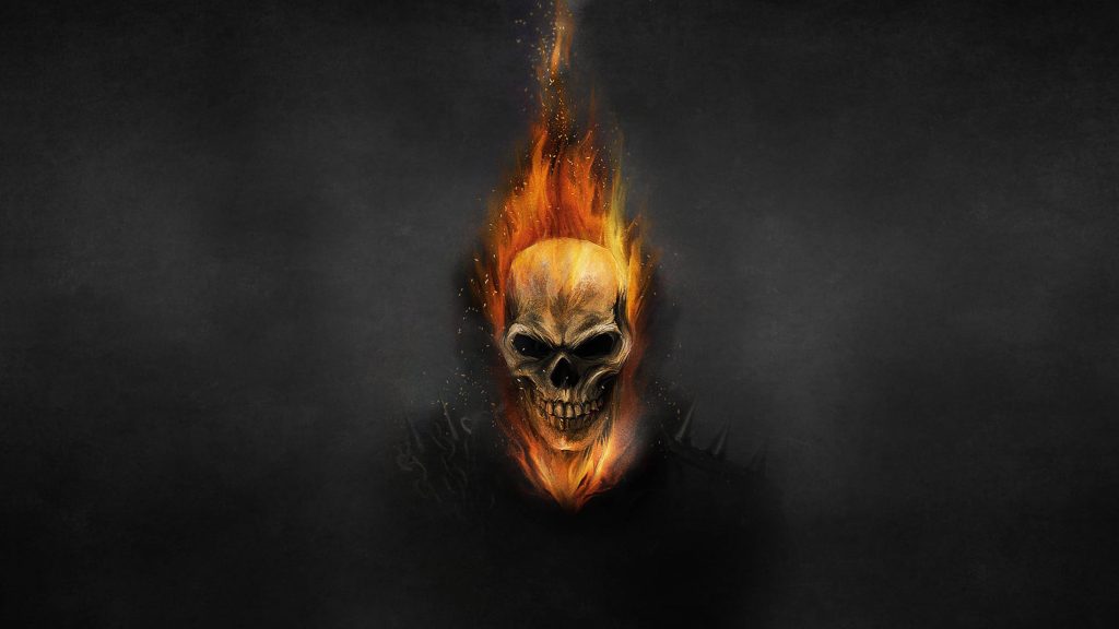 Menacing flaming skull engulfed in vibrant fire on dark textured background wallpaper