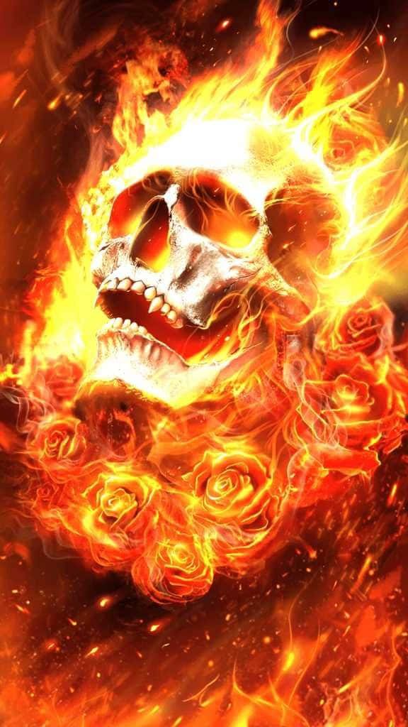 Flaming skull wallpaper with glowing orange flames and fiery roses Gothic digital art background