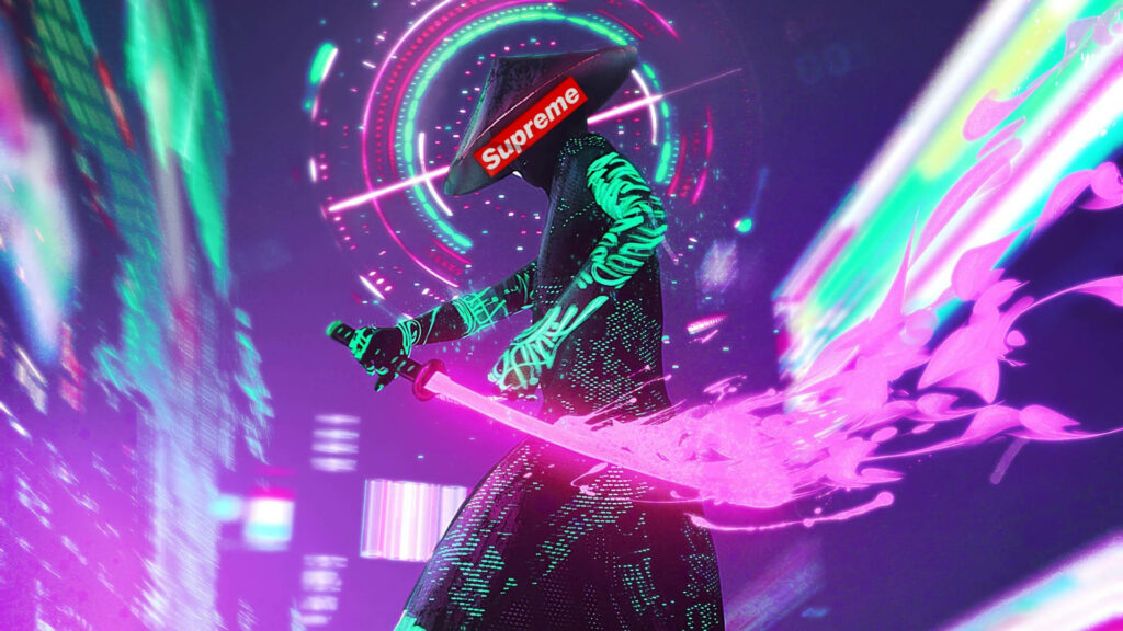 Samurai Warrior Embracing Neon Aggression: Flaming Sword amidst Supreme Brilliance Wallpaper