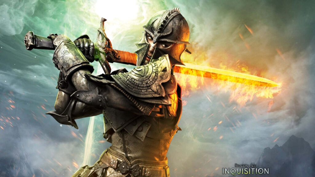 Dragon Age: Inquisition Wallpaper with Glowing Sword in Fiery Sky - Epic Fantasy Theme with Inquisition Logo