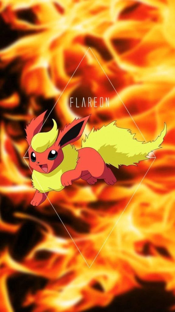Flareon Fire Pokemon wallpaper with blazing background and geometric white diamond frame design