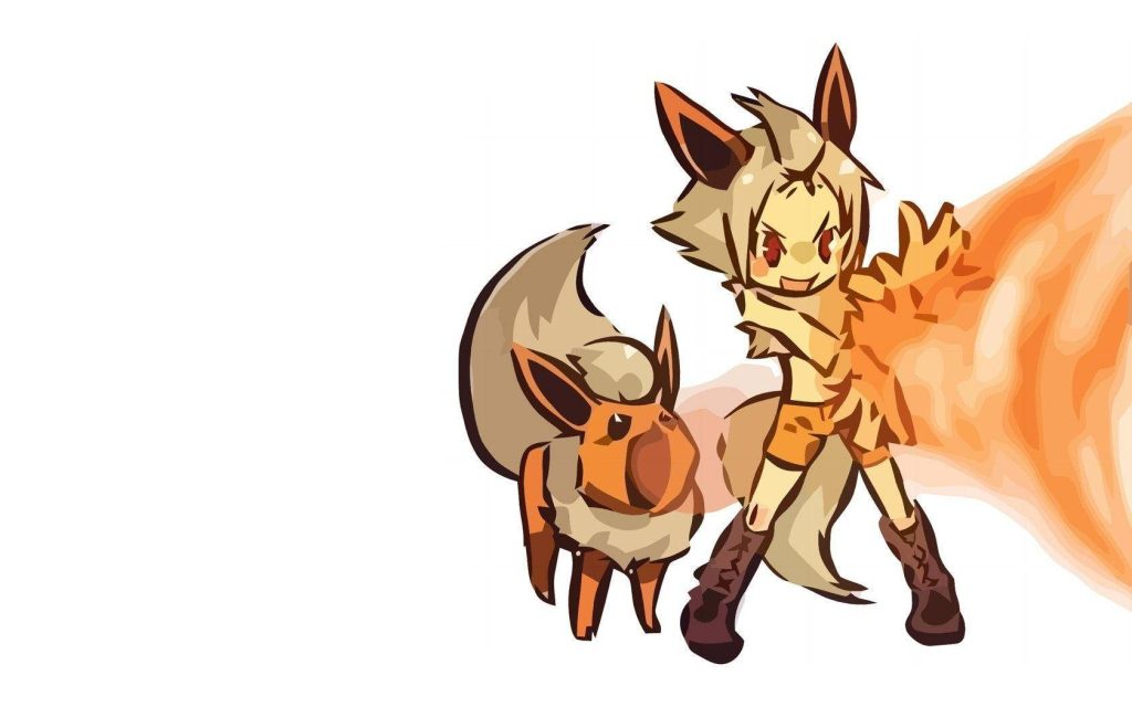Flareon and Pokémon trainer unleashing powerful fire blast vibrant anime wallpaper background