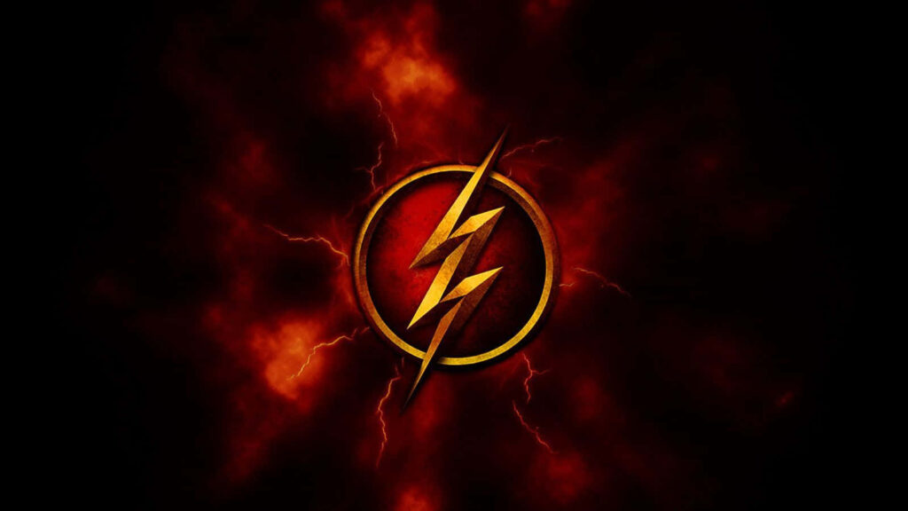 Flash superhero logo glowing on dark fiery background symbolizing energy and power wallpaper