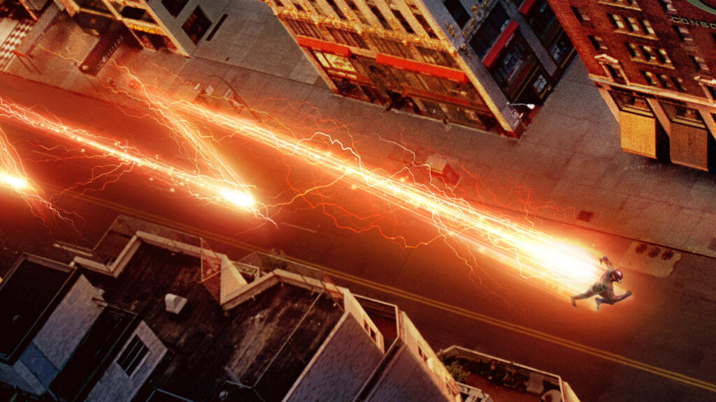 Flash superhero racing through city street with vibrant lightning streaks dynamic wallpaper background