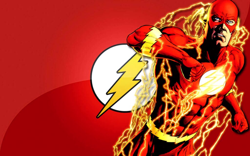 Flash fanart wallpaper showing DC Comics speedster running with vivid lightning effects and emblem