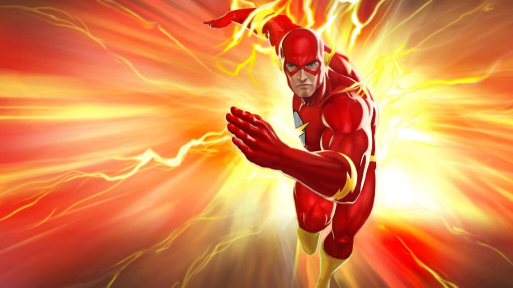 The Flash comic sprinting fast with explosive yellow and red energy lightning wallpaper background