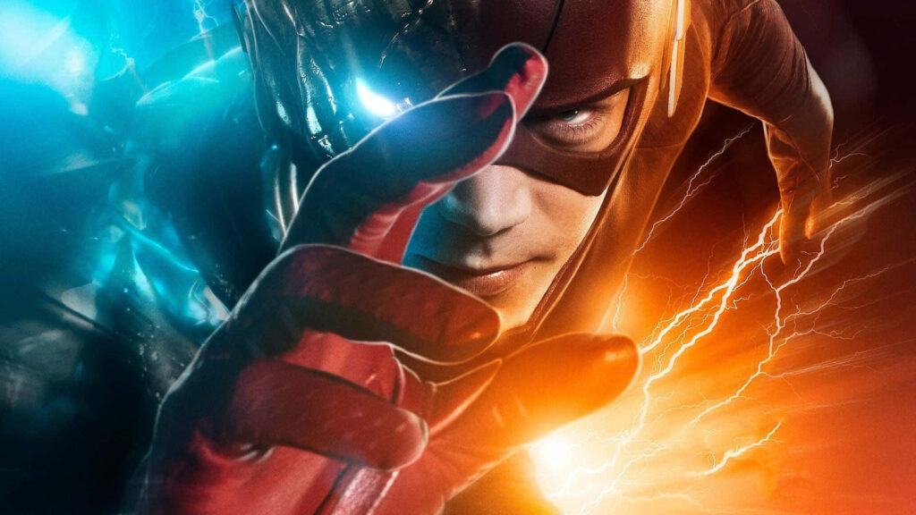 The Flash superhero in dynamic action with vibrant lightning effects high-speed wallpaper background