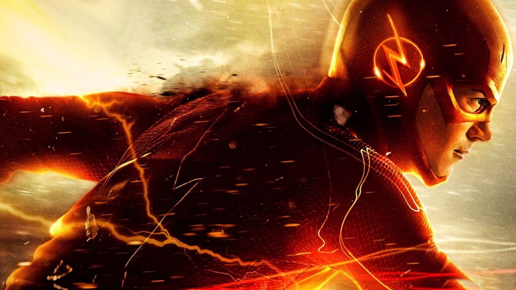 Flash superhero wallpaper with dynamic lightning effects and vibrant electrifying speed background