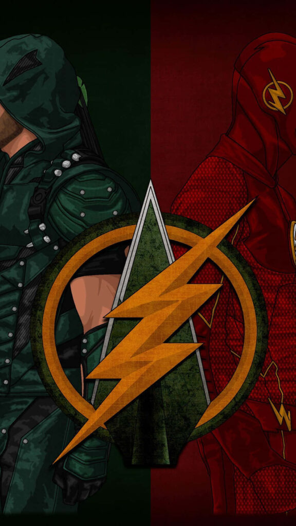 Flash and Arrow split wallpaper showcasing iconic superhero suits and symbols side by side