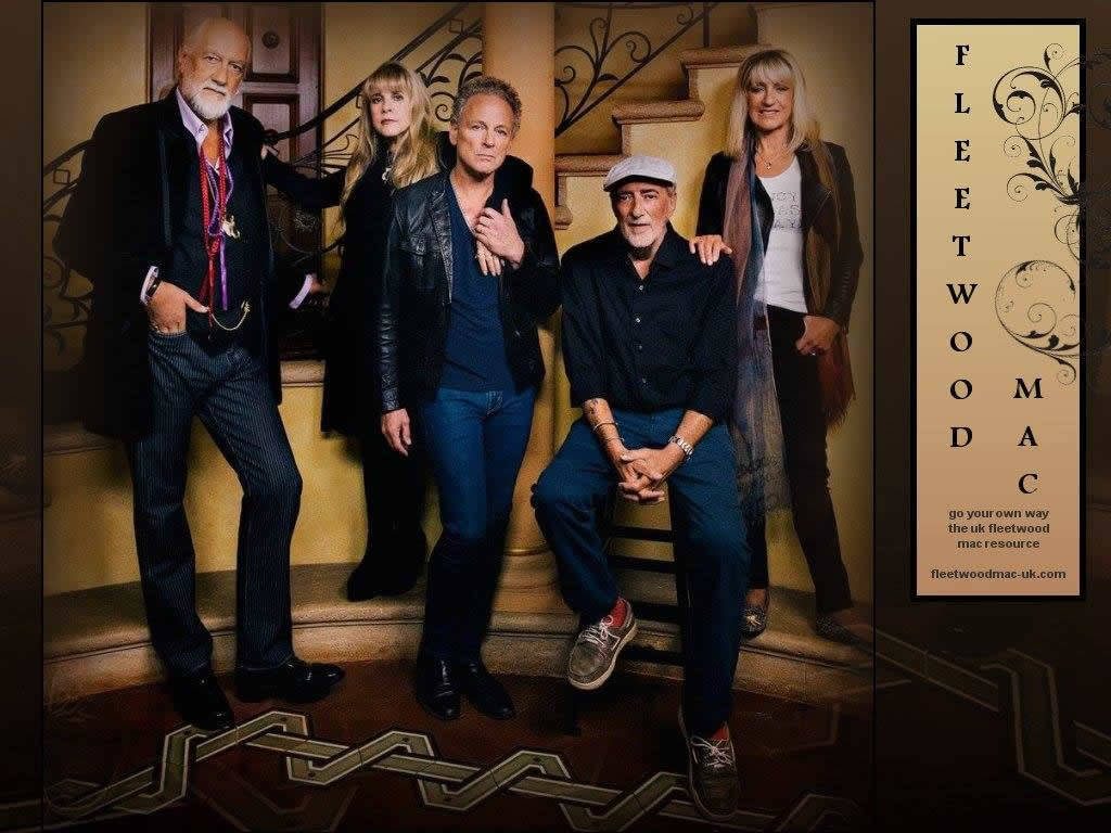 Fleetwood Mac classic lineup on staircase warm promo wallpaper with band name and URL banner
