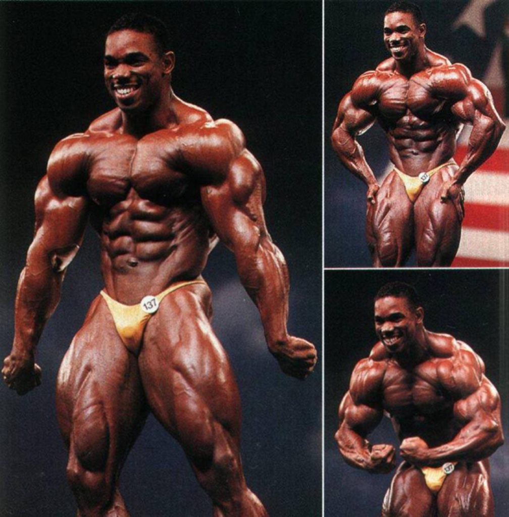 Flex Wheeler bodybuilding collage wallpaper with three poses wearing number 137 trunks