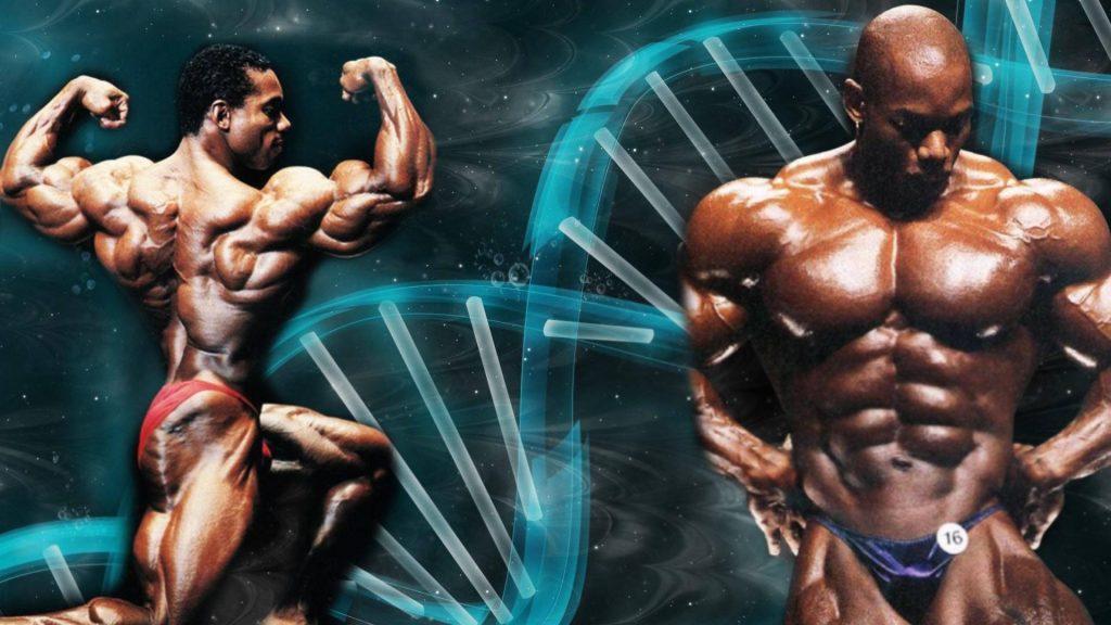 Flex Wheeler muscular physique in cosmic background with glowing cyan DNA strand wallpaper