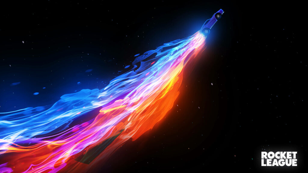 Stellar Speed: Breathtaking Wallpaper of a Blue Rocket League Car in a Celestial Journey, Painting the Sky with Flames in Blue and Orange