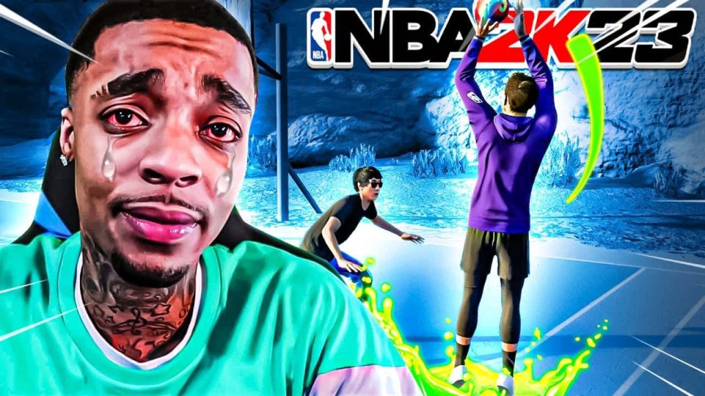 NBA 2K23 wallpaper with FlightReacts crying reaction over glowing blue basketball court gameplay background