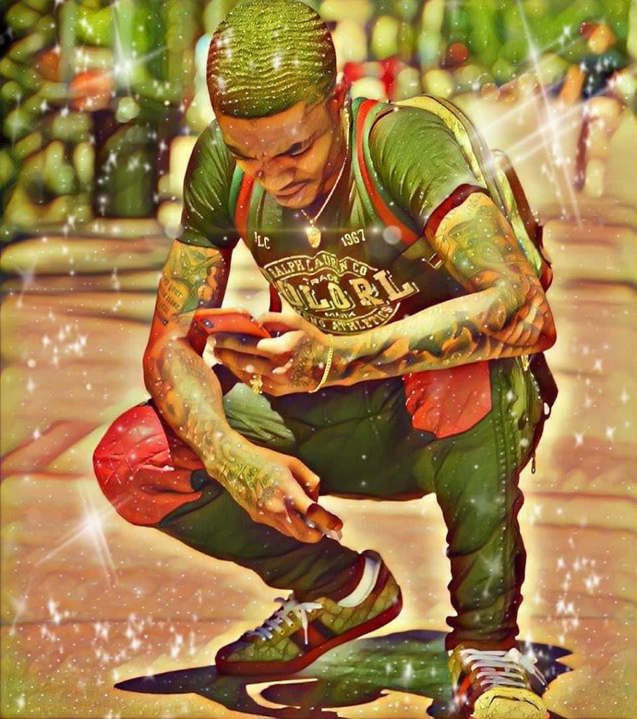 FlightReacts squatting in green Ralph Lauren outfit checking phone vibrant urban digital art wallpaper