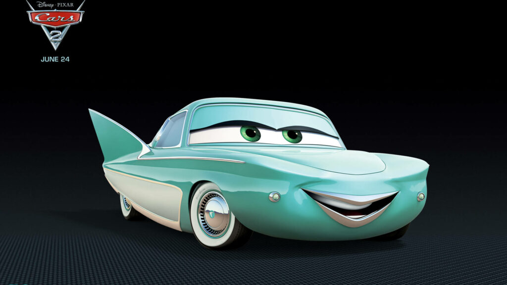 Flo from Pixar Cars vibrant teal and white retro car with green eyes on dark 3D wallpaper background