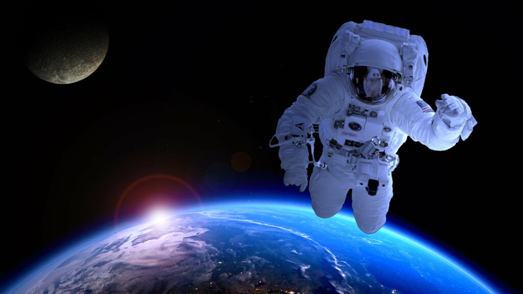 Beyond Earth: Astronaut and the Moon Drifting Forward in QHD Wallpaper