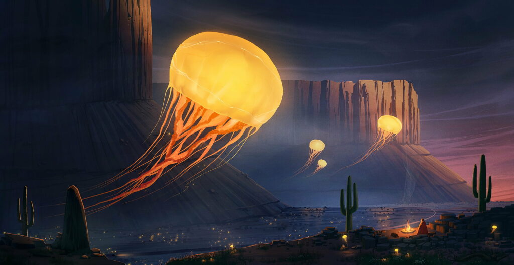 Prismatic Serenity: A Mesmerizing Fusion of Jellyfish, Cactus, and Canyon in Vibrant Art HD Wallpaper