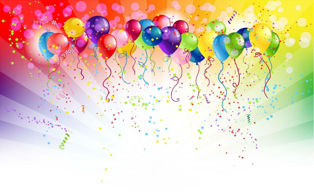 Vibrant Celebration: Joyous Happy Birthday Balloons Floating amidst Glittering Confetti and Colorful Ribbons on Striped Background Wallpaper