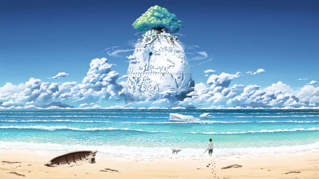 Magical floating castle wallpaper with clouds ocean beach figure and pet in serene fantasy scene