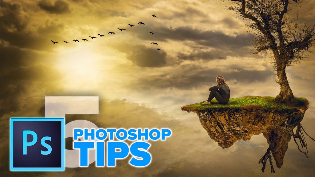 Person on floating grassy island with tree under golden sky birds Photoshop tips tutorial wallpaper